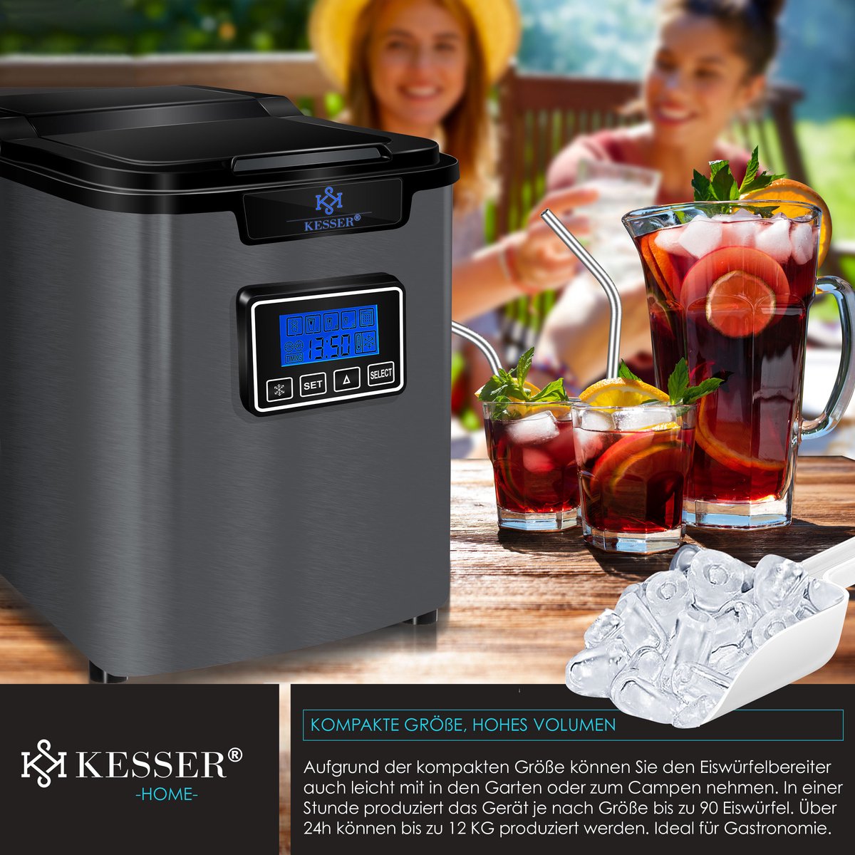 IJsblokjesmachine – 12kg/24 uur – IJsmachine - IJsblokjesmaker - Antraciet - KESSER®