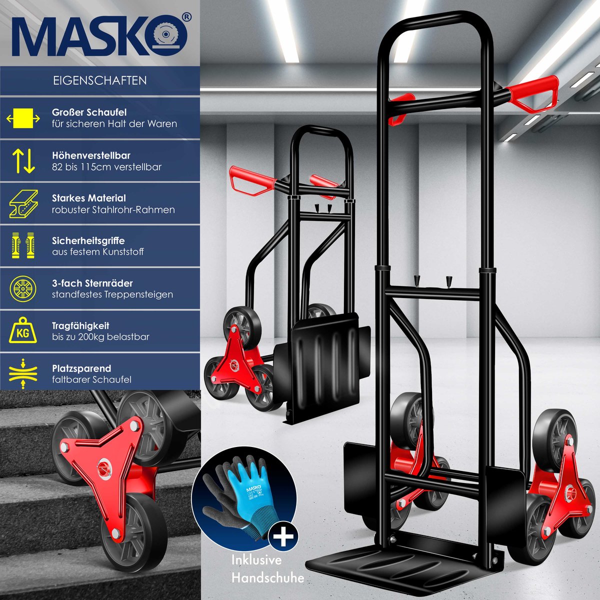 Masko® Steekwagen - Opvouwbaar - Transportwagen - Trappenklimmer - Zwart •