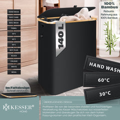 KESSER® Wasmand met Deksel - Opvouwbare Wasbox - Wassorteerder met Uitneembare 3x Waszakken inclusief wasinstructies - Zwart, 140 liter