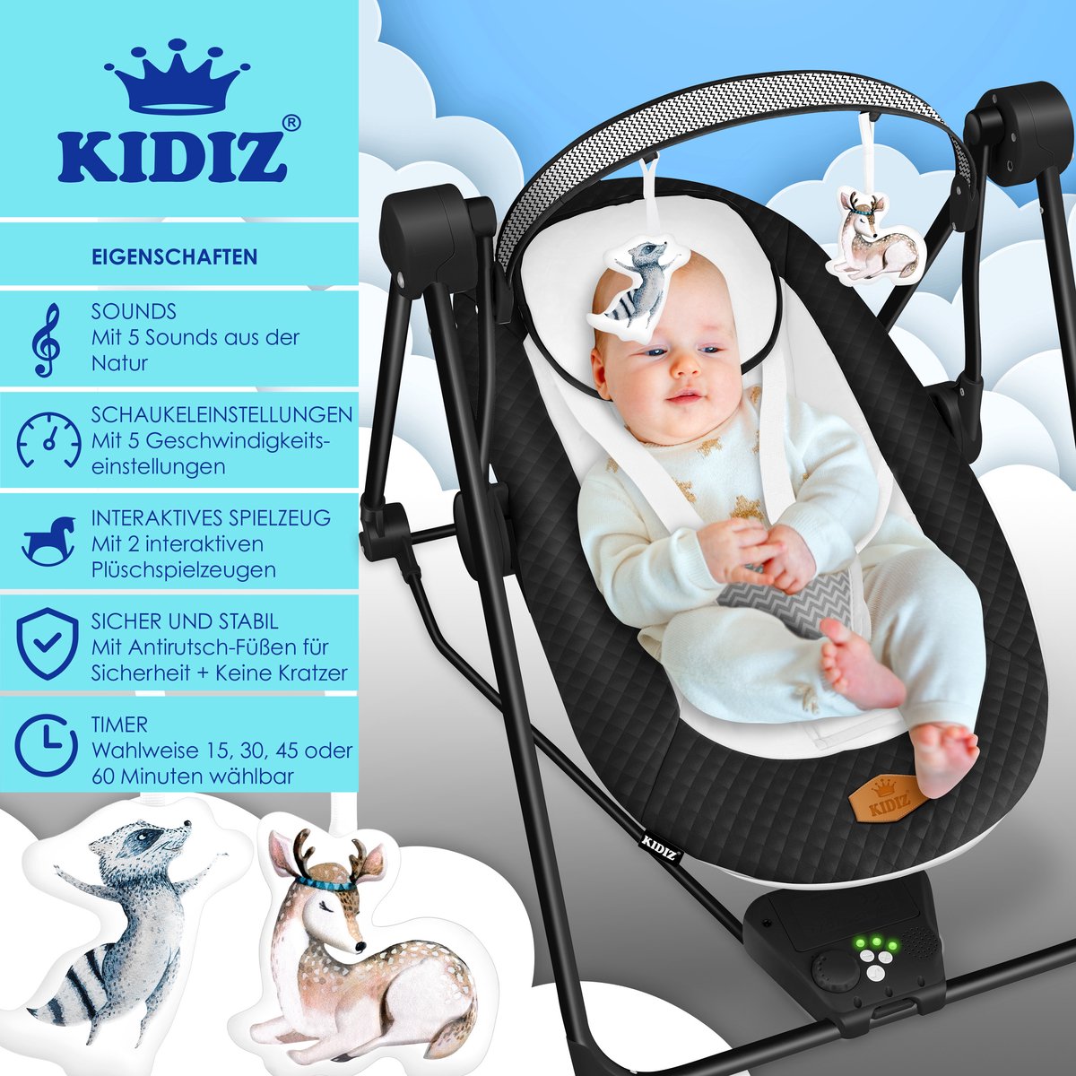 Wipstoel - Babyschommel - Baby Swing -  max 9kg - Zwart - KIDIZ®