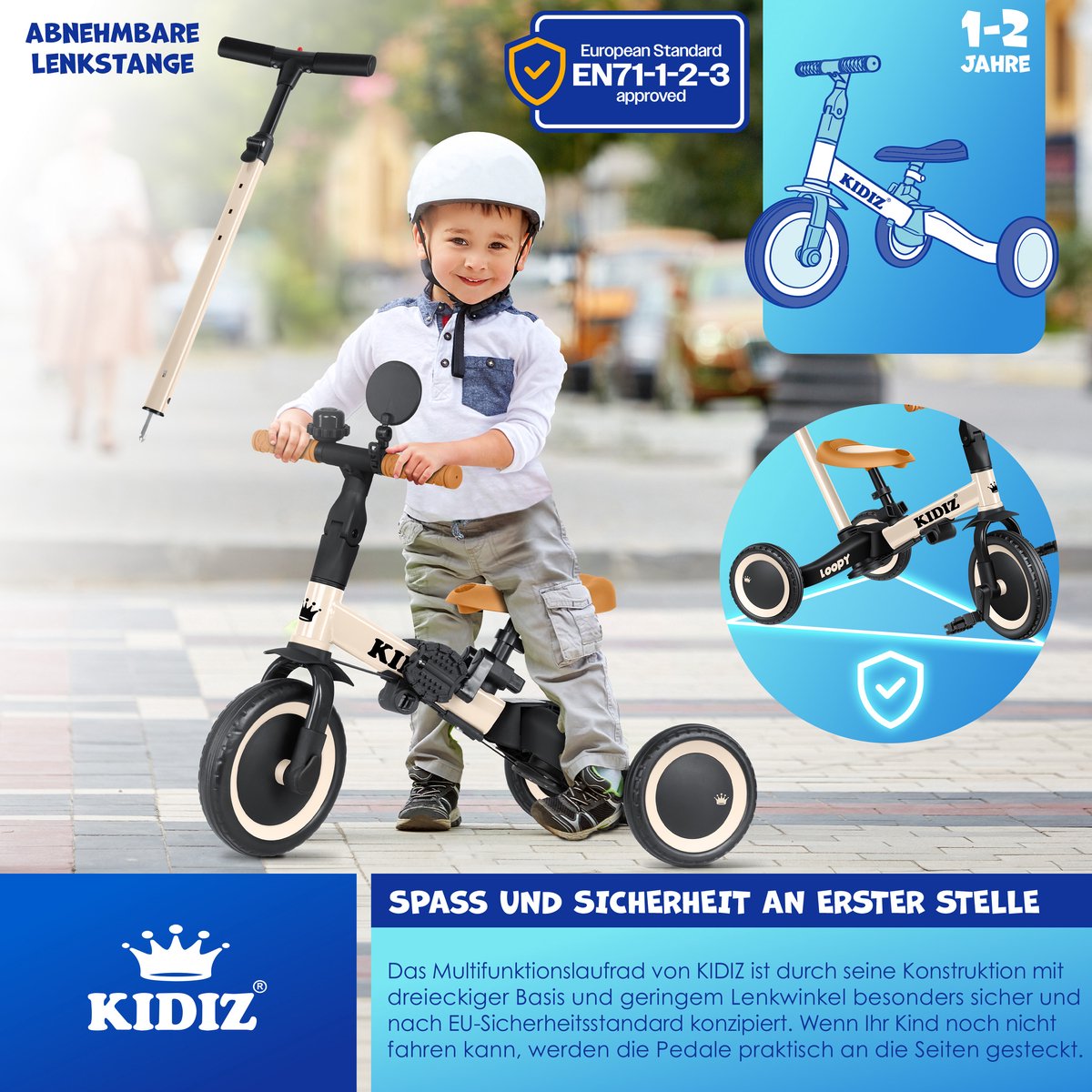 KIDIZ® Loopfiets 6in1 - Driewieler - Kinderfiets - 1-5 Jaar - Beige