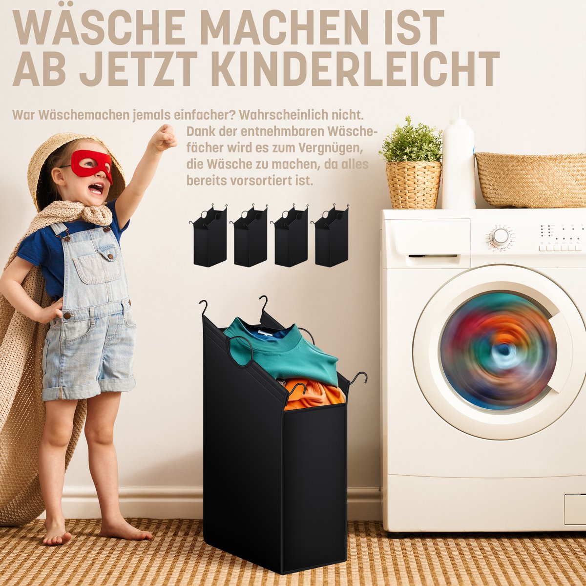 KESSER® Wasmand op Wieltjes - 4 Vakken - Wassorteerder - Zwart •