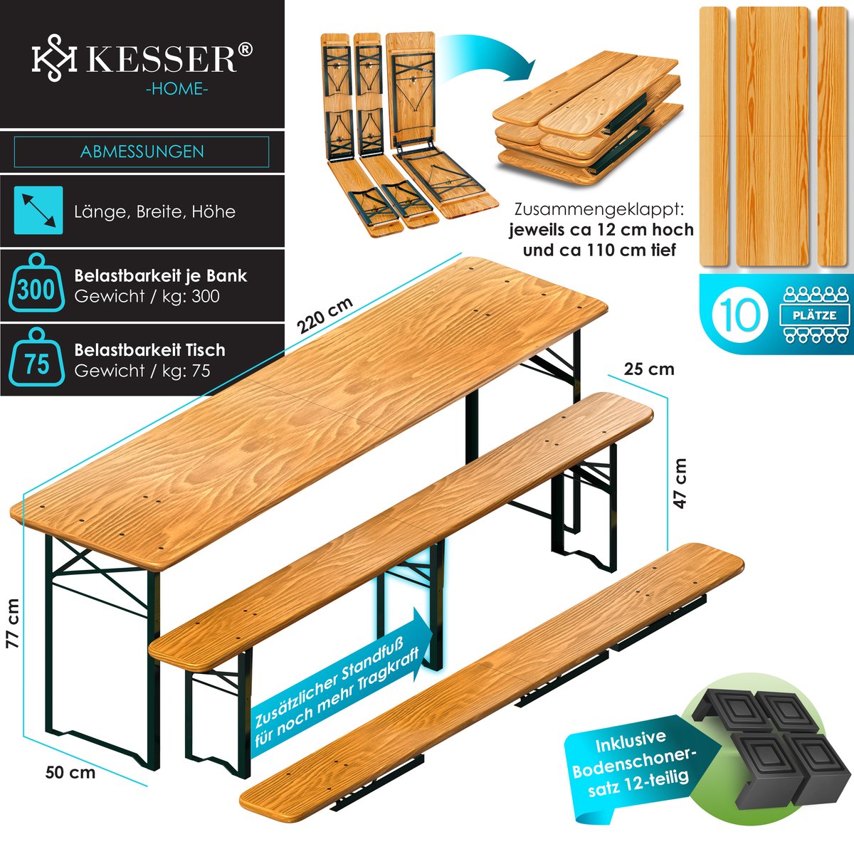 KESSER® 1x Biertafel met 2x banken opvouwbaar - biertafelset (220 x 50 x 77cm) 2x bierbanken 1x biertafel - 3-delige biertentset feesttent set inclusief 12 delige vloerbeschermer set - Bruin