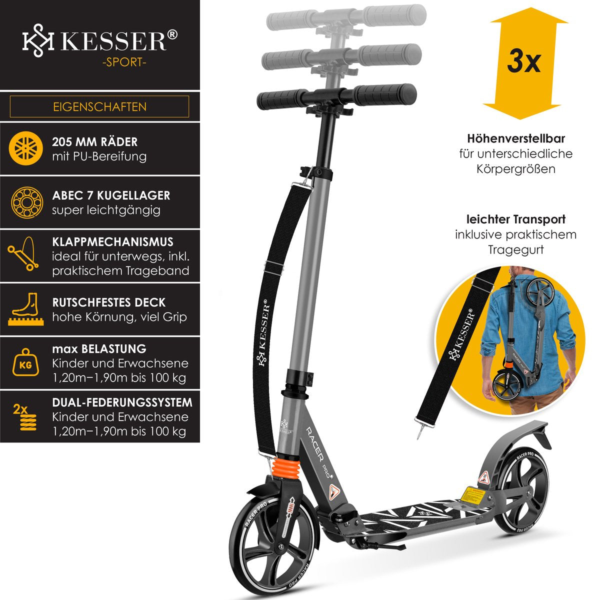 KESSER® Stuntstep voor Volwassenen en Kinderen - Opvouwbaar - Grijs