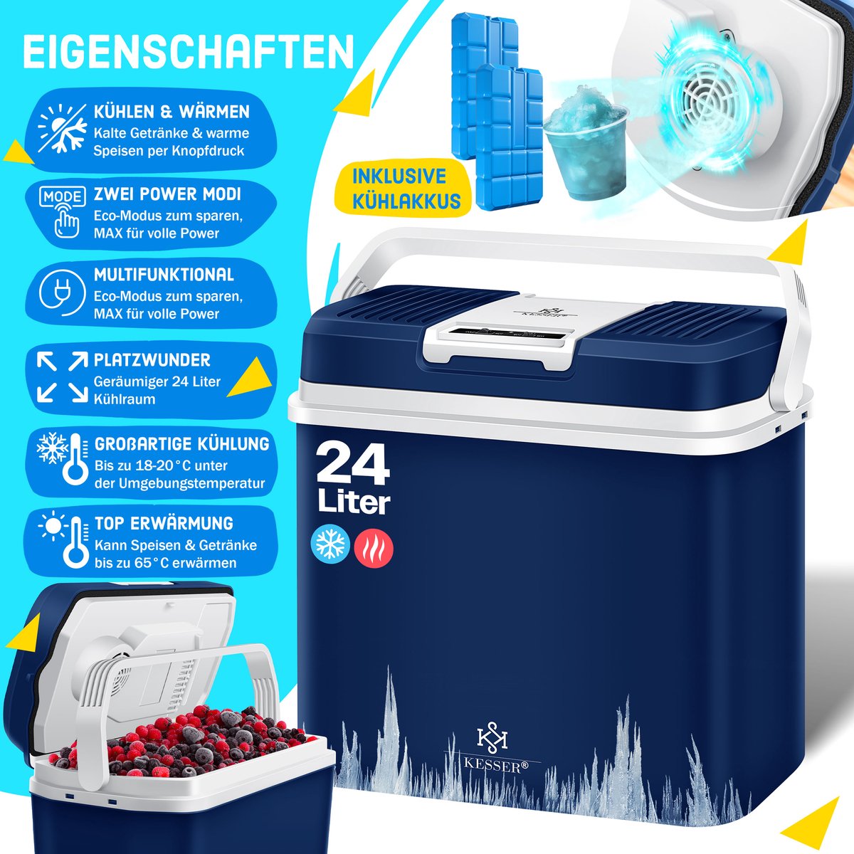 KESSER® Thermo-Elektrische Koelbox – 24L – 12V/230V – Marineblauw