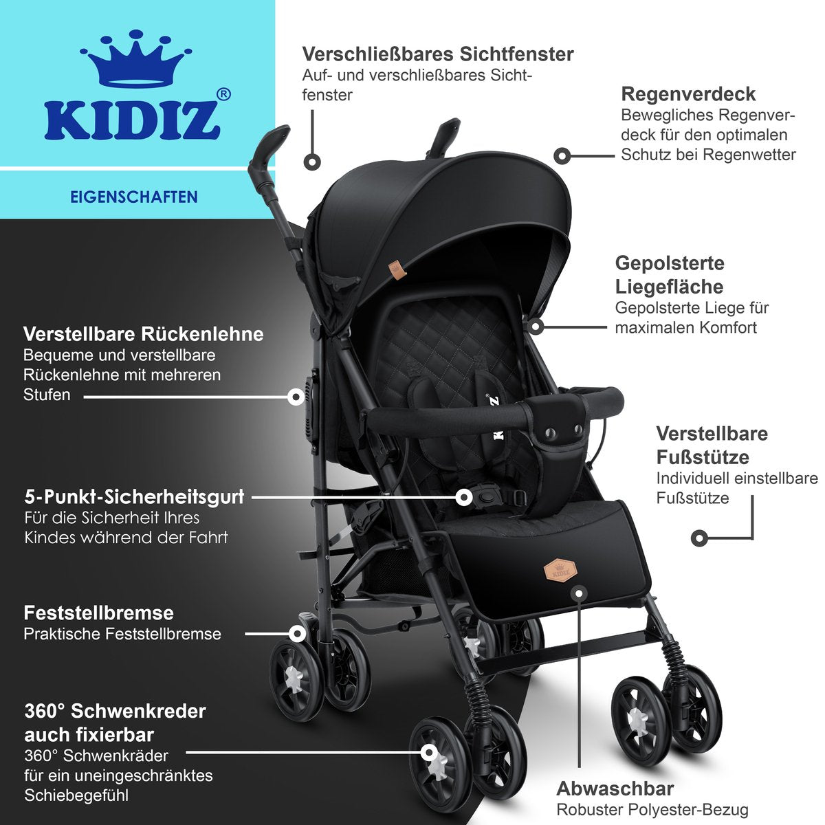 KIDIZ® Kinderwagen / Wandelwagen City-Pro Buggy Kinderbuggy Opvouwbaar Liggende wandelwagen Kinderwagen Opvouwbaar 360° 6-inch wielen Incl. muggennet, voetenzak en regenhoes Opvouwbaar Slaapfunctie - Zwart