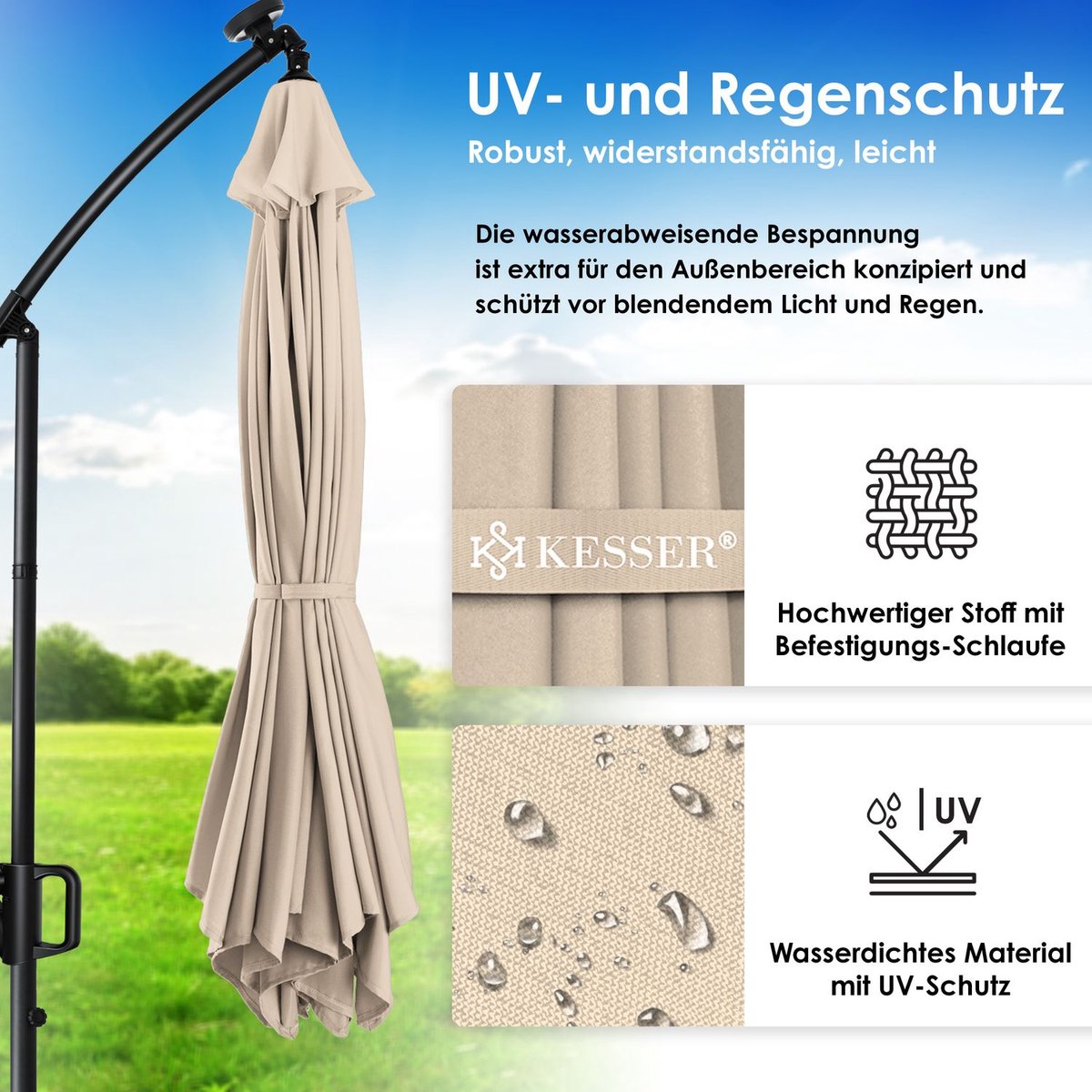 KESSER® Zweefparasol met voet - LED - Ø3m - 360° Draaibaar  - Beige •