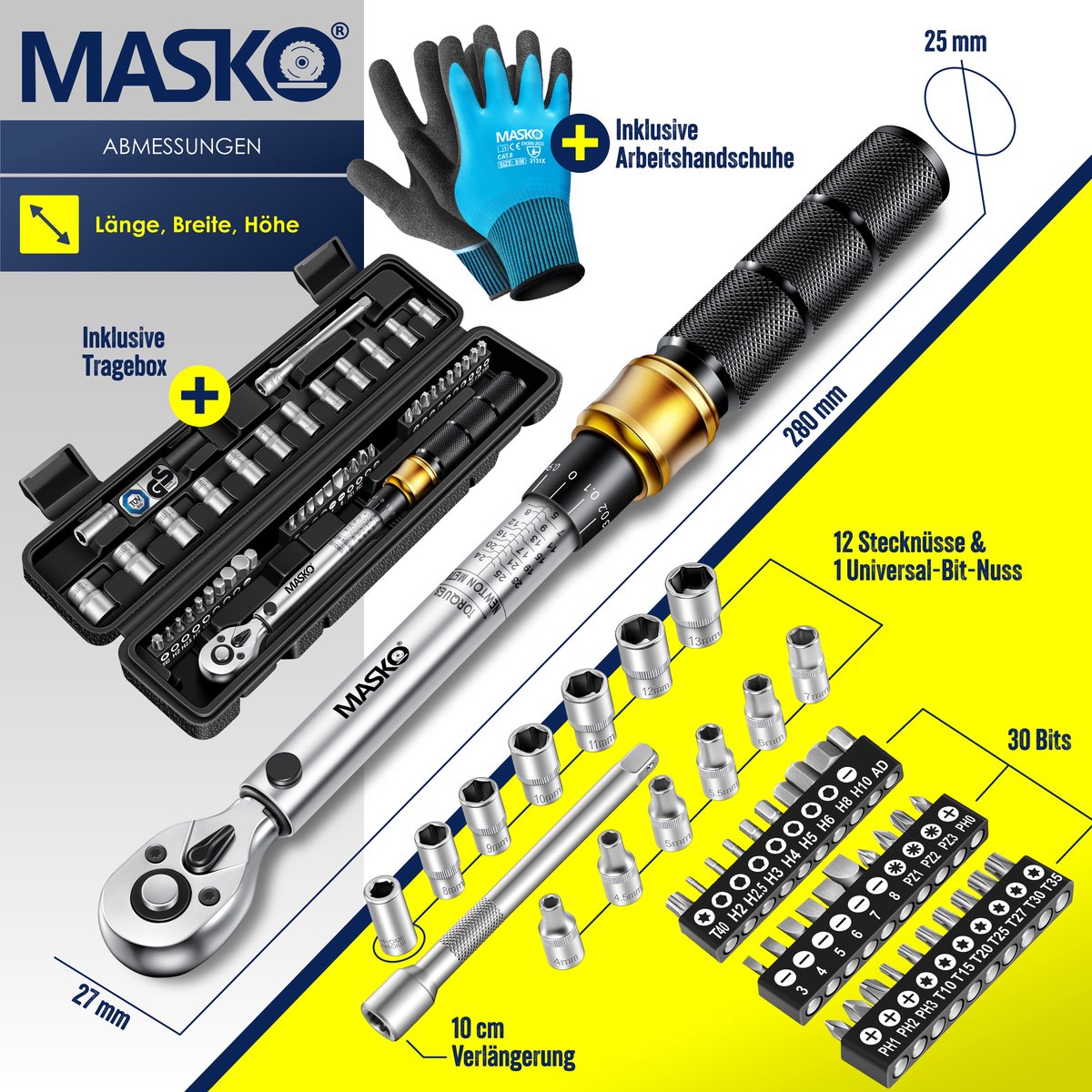 MASKO® Momentsleutel - Gereedschapset - Ratelset 5-25Nm - Goud