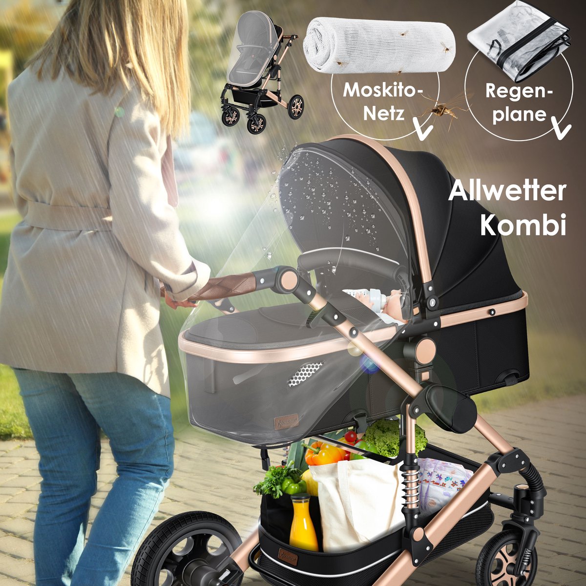 Kinderwagen 3 in 1 - Buggy - Wandelwagen - Kinderbuggy - Champagne - KESSER®