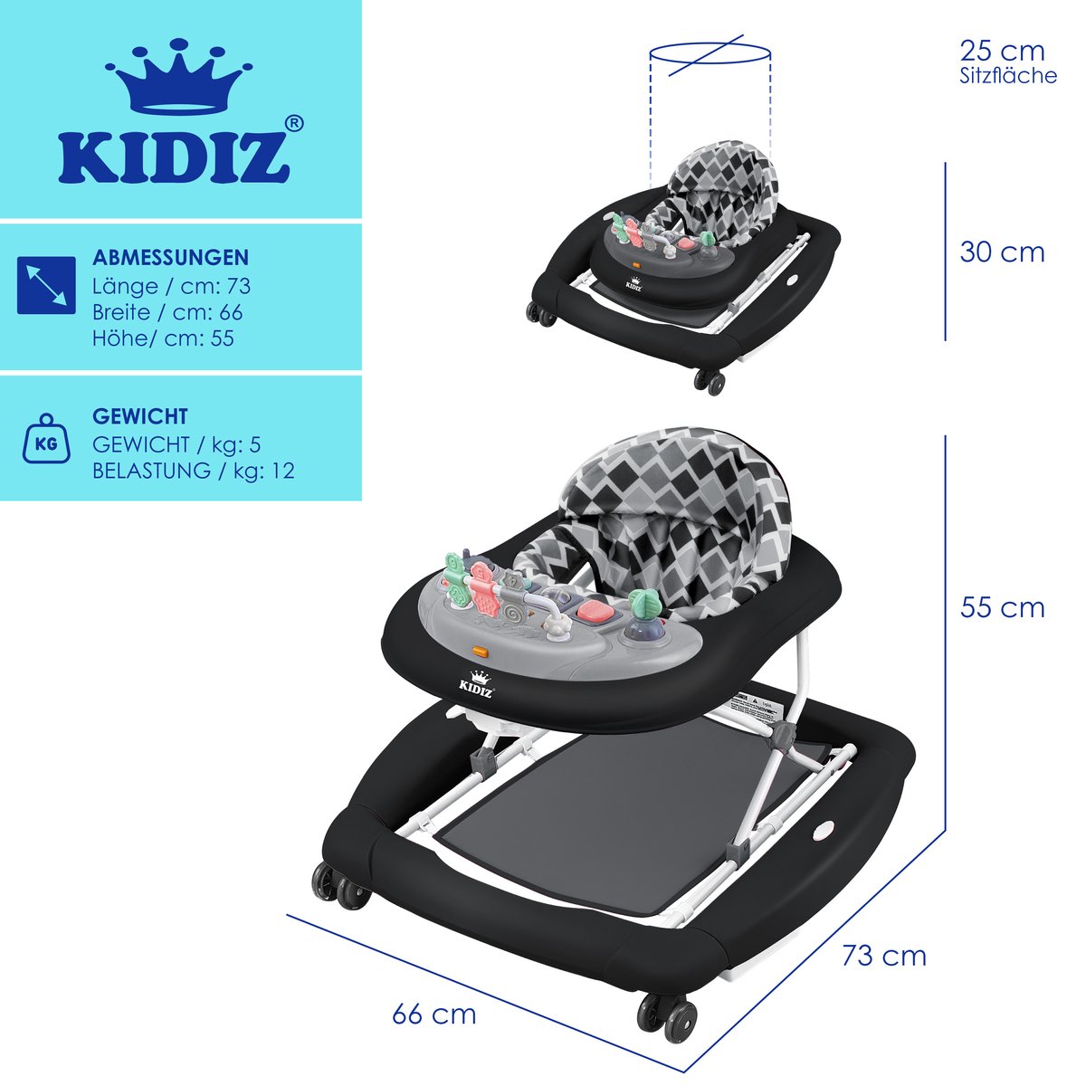 KIDIZ® 4in1 Baby walker - Loopstoel - Loopwagen - Opvouwbaar - Zwart