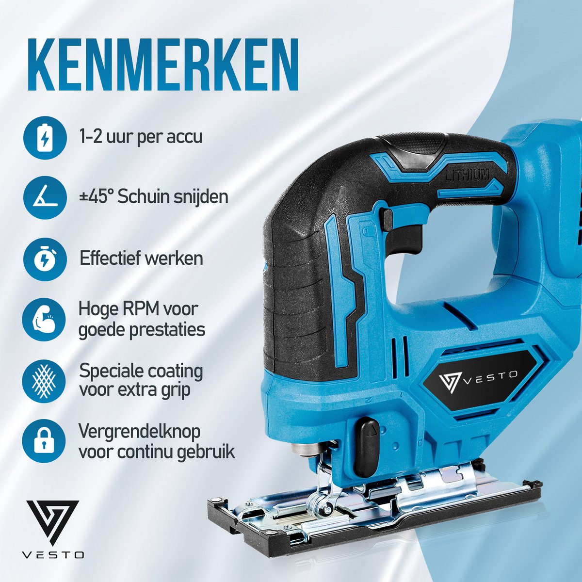 Vesto® Accu Decoupeerzaag – 21V Li-Ion – Variabele Snelheid – Zaagdiepte 65 mm – Incl. 2 Accu’s, Zaagbladen & Koffer – Draadloos – Voor Hout, Metaal & Kunststof