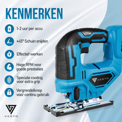 Vesto® Accu Decoupeerzaag – 21V Li-Ion – Variabele Snelheid – Zaagdiepte 65 mm – Incl. 2 Accu’s, Zaagbladen & Koffer – Draadloos – Voor Hout, Metaal & Kunststof