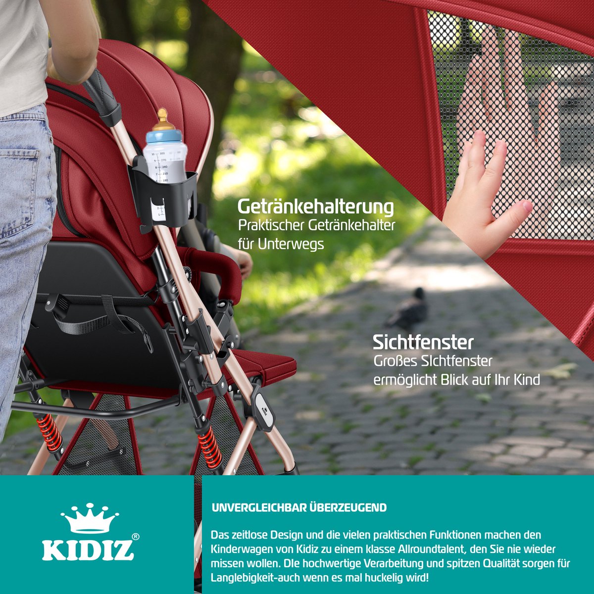 KIDIZ® Buggy 3 in 1 Kinderwagen Inklapbaar met voetenzak Baby Plooibuggy Wandelwagen inclusief Bekerhouder, regenhoes & klamboe Reisbuggy - Rood / Champagne