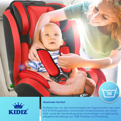 KIDIZ® Autostoeltje Groep 1+2+3  9-36 kg 5-punts veiligheidsgordel, Autostoeltje, Kinderzitje, Verstelbare Hoofdsteun | Stoelverhoger 1-12 jaar, Stabiel en Veilig - Rood