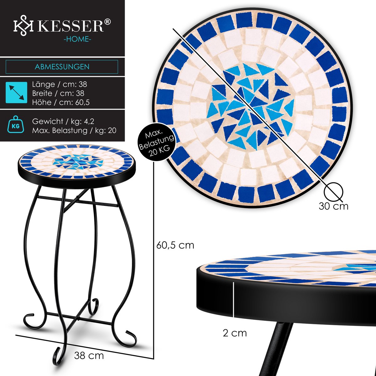 KESSER® Mozaïek Tafel Bistrotafels Bloemkruk Rond 60 x 34 cm Metalen Mozaïek Bijzettafel Balkontafels Patiotafel Balkon Stenen Mozaïek Tuintafel Binnen Buiten - Peripou