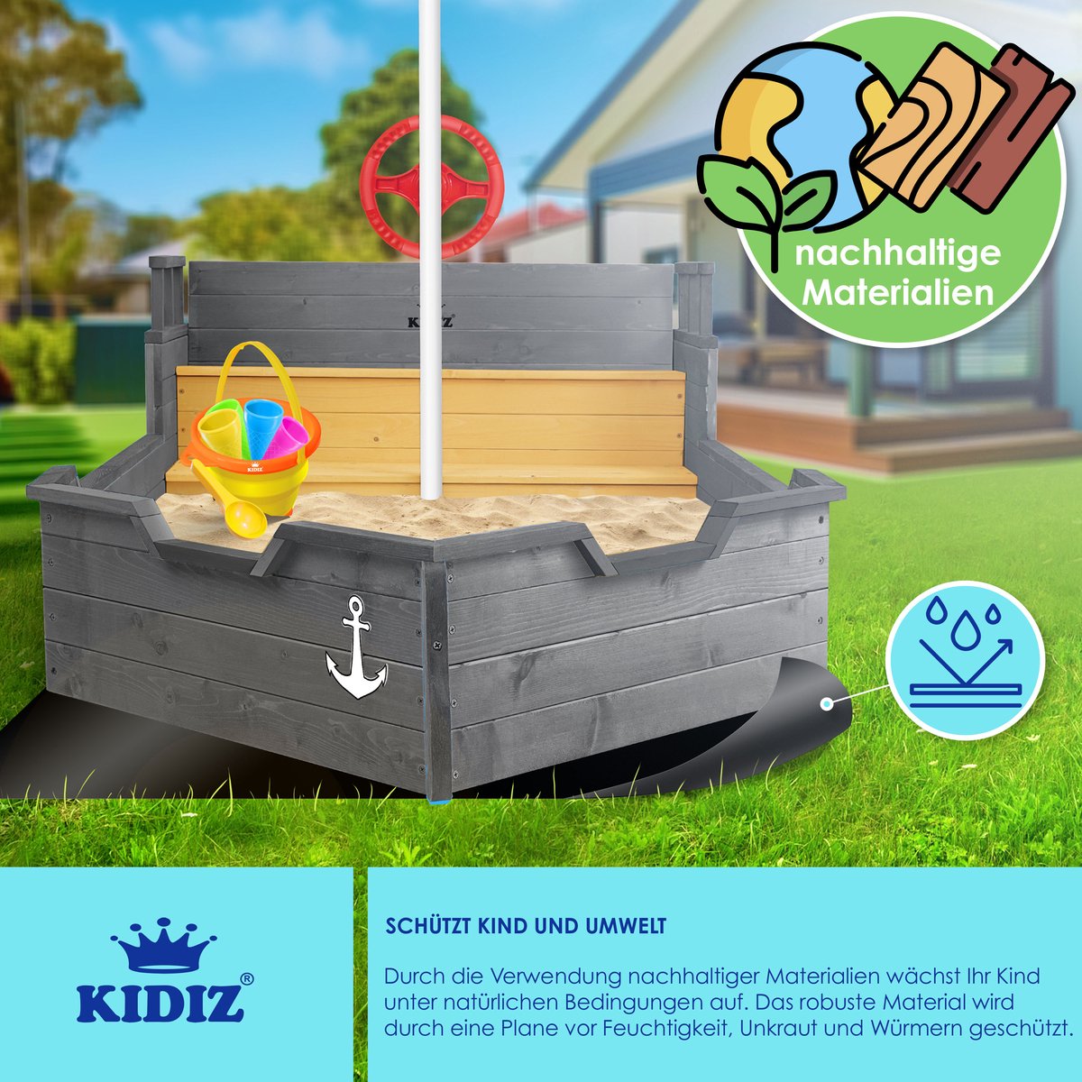 KIDIZ® Zandbak piratendesign - Met bankje - Antraciet