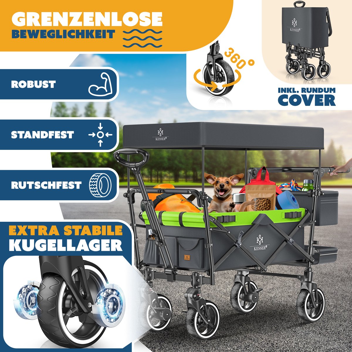 KESSER® Bolderkar GTS-9100 opvouwbaar met Dak tot 80 kg draagvermogen - Antraciet / Neongroen