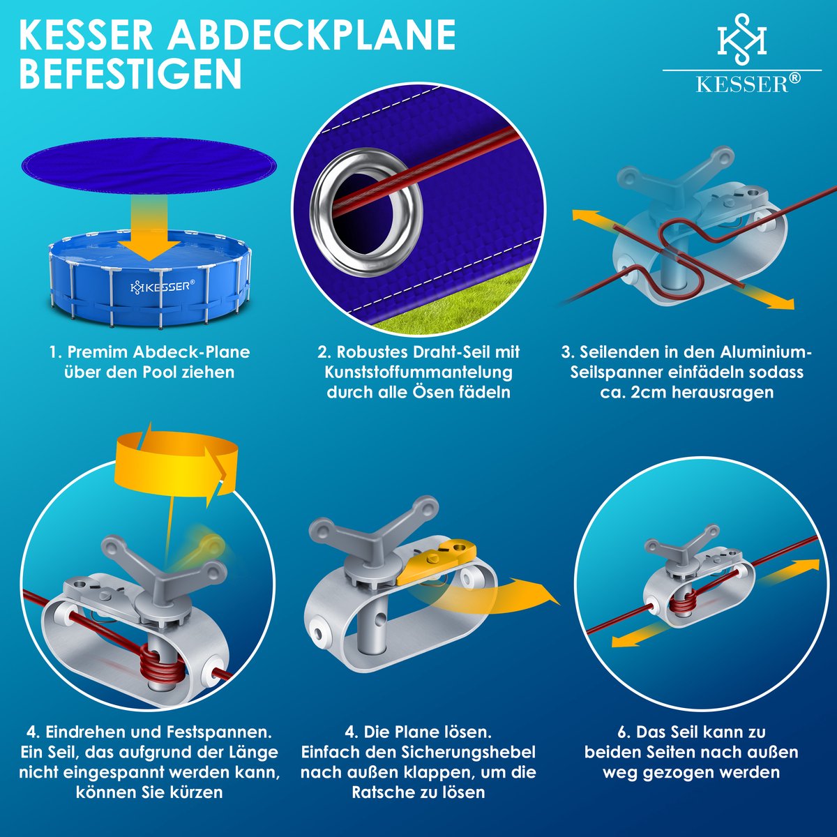 KESSER® Zwembadafdekking - Solar folie - Afdekzeil - Zwembadzeil gemaakt van 200g/m² PE-materiaal Incl. staalkabel + kabelspanner met oogjes Zonneafdekking UV-bestendig zomer & winter - Rond, 366 cm, Blauw / Zwart