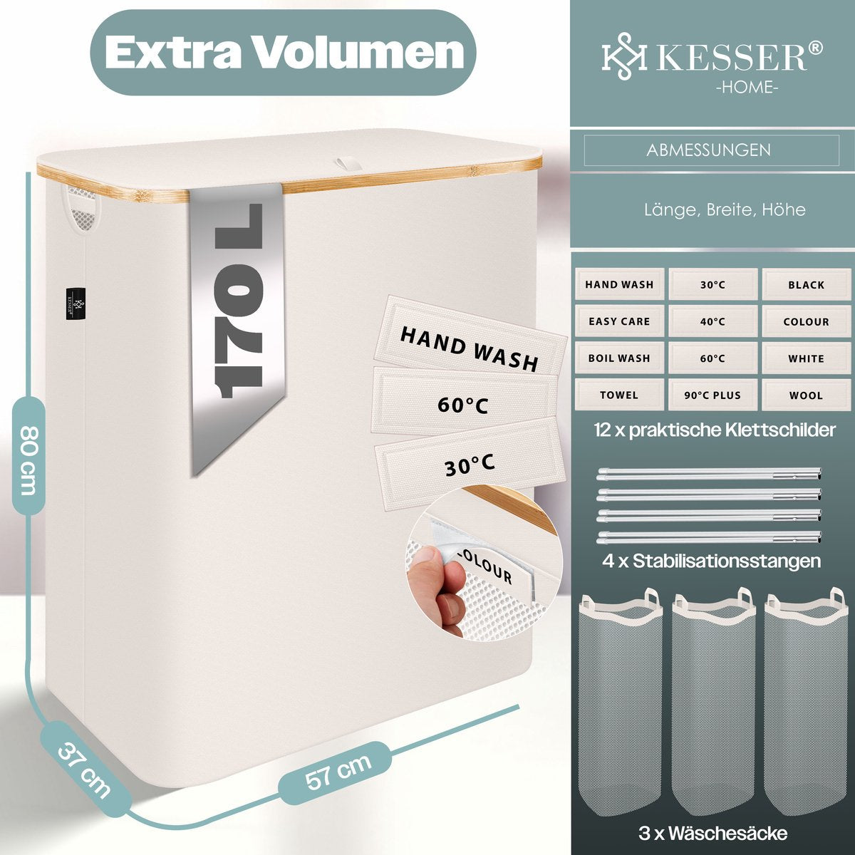 KESSER® Wasmand met Deksel - 3 Waszakken - 170 Liter - Beige