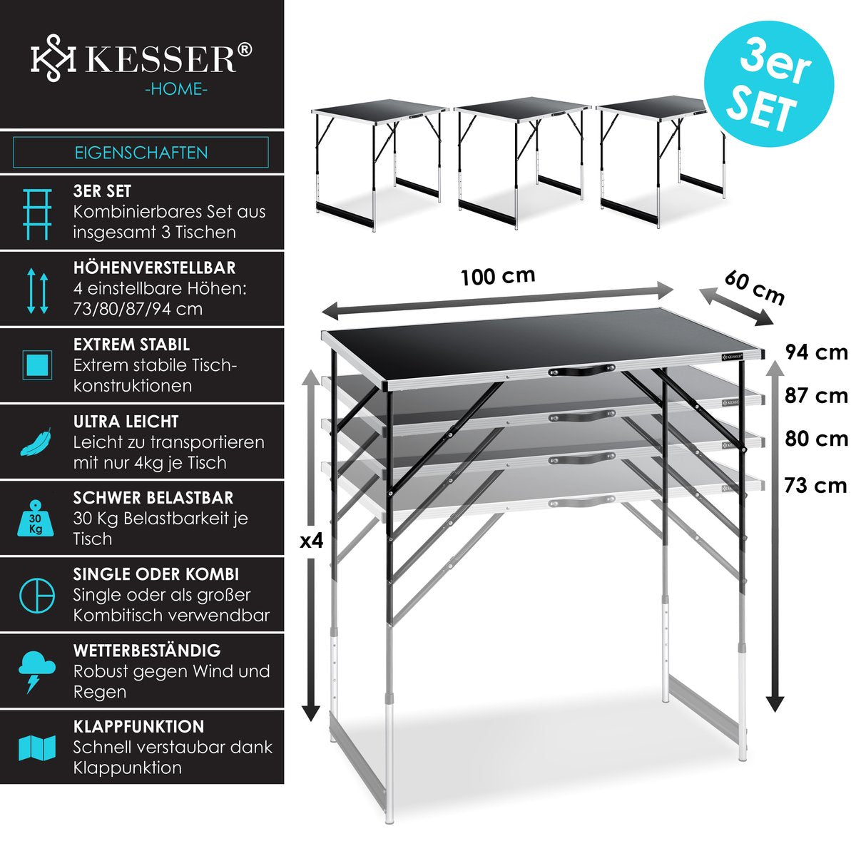 KESSER® 3 Inklapbare Tafel - Campingtafel - Klaptafel - 100x60cm - Zwart