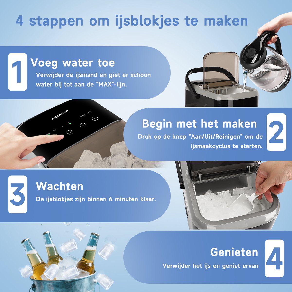 Aigostar IJsblokjesmachine – 1.5L -14kg/24 uur – IJsblokjesmaker met IJsschep – Zelfreinigingsfunctie - Draagbaar - Zwart