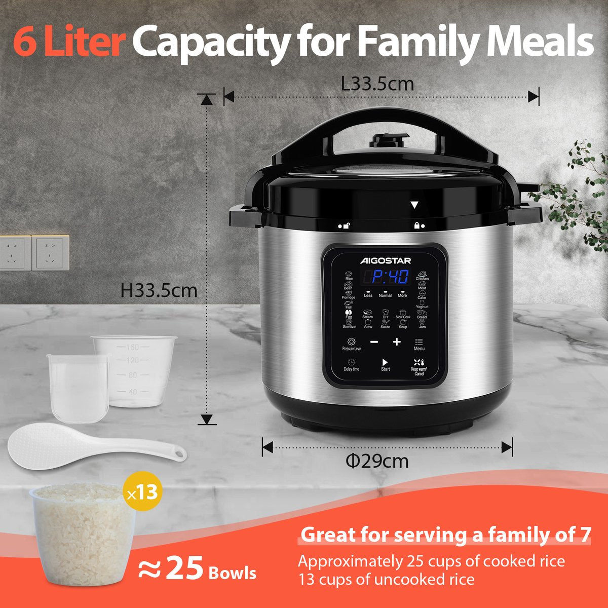 Aigostar Snelkookpan Multicooker - 6 Liter - Slow Cooker - Rijstkoker - Stomer