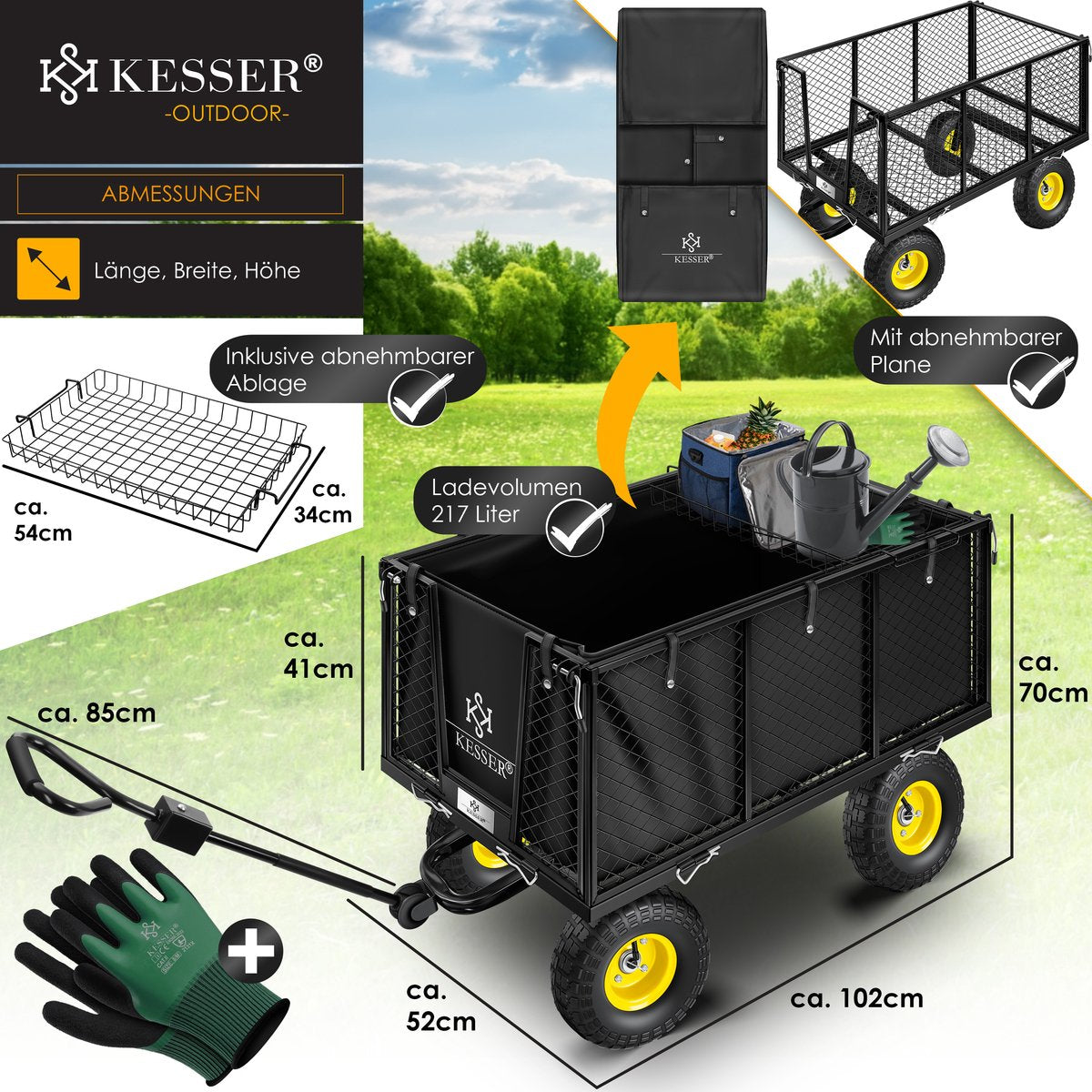 KESSER® Tuinkar - Bolderkar - 550 kg belastbaar - Zwart