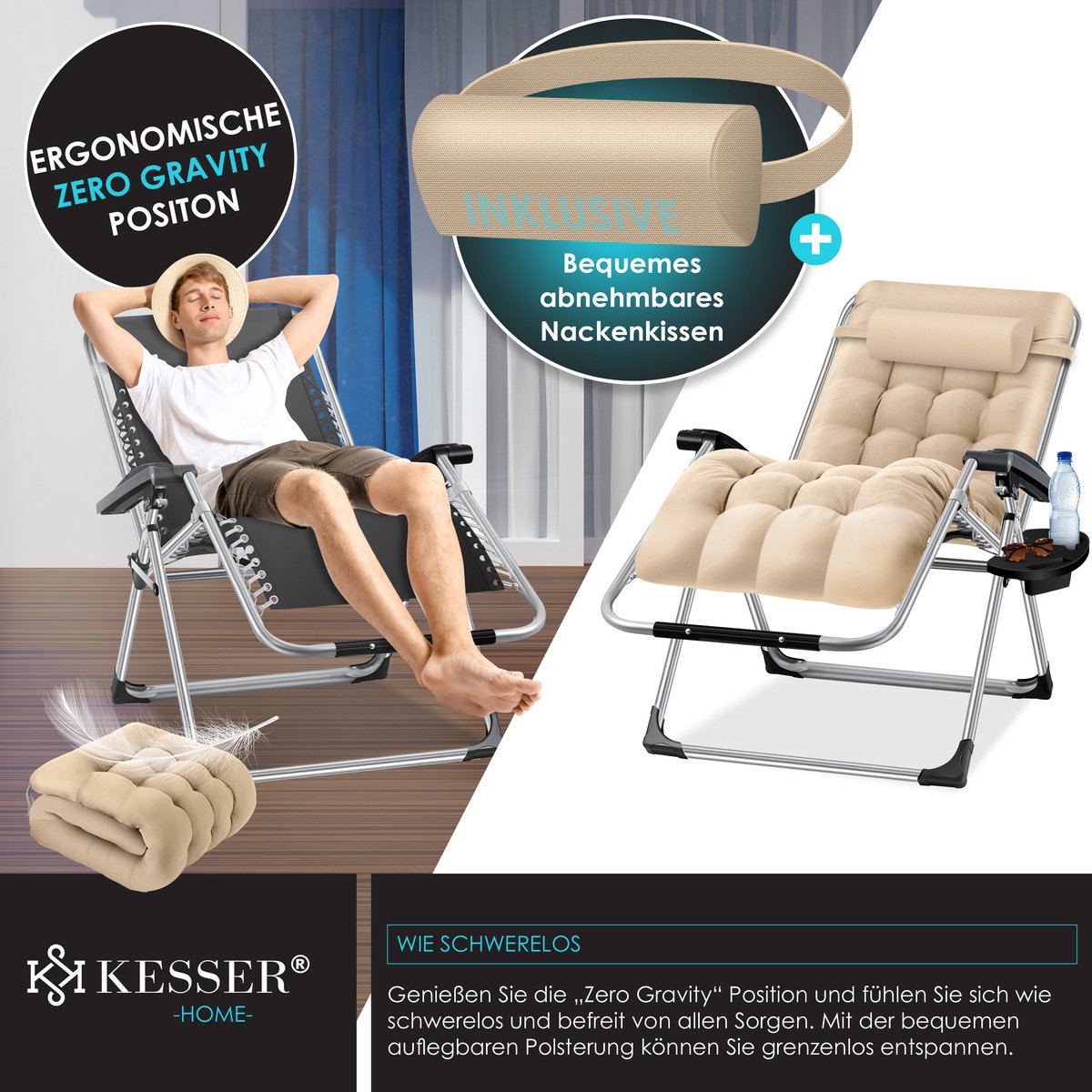 KESSER® Ligstoel Opvouwbaar Met Drinkhouder Tuinstoel Met Kussen, Ligbed, Extra Grote Tuinligstoel, Verstelbare Rugleuning Tuinligstoel Met Kussensteun - Beige