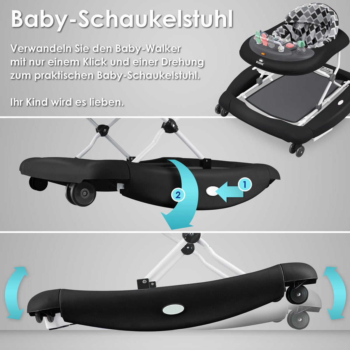 KIDIZ® 4in1 Baby walker - Loopstoel - Loopwagen - Opvouwbaar - Zwart
