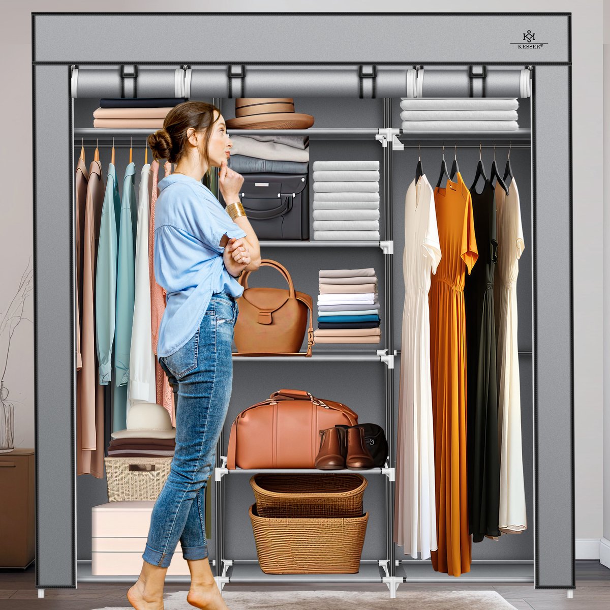KESSER® Kledingkast in Stof en Metaal 150x45x175cm - opvouwbaare Garderobekast Stabiel met Kledingstang & Planken, Inclusief 5x Kledinghangers Kleerkast - Legplank Kast voor Slaapkamer met Kledingrek - Grijs