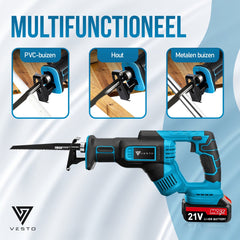 Vesto® Accu Reciprozaag – 21V Li-Ion – Incl. 2 Accu’s, Zaagbladen & Koffer – 25mm Slag – Voor Hout, Metaal & Kunststof – Snelwisselsysteem – Draadloos
