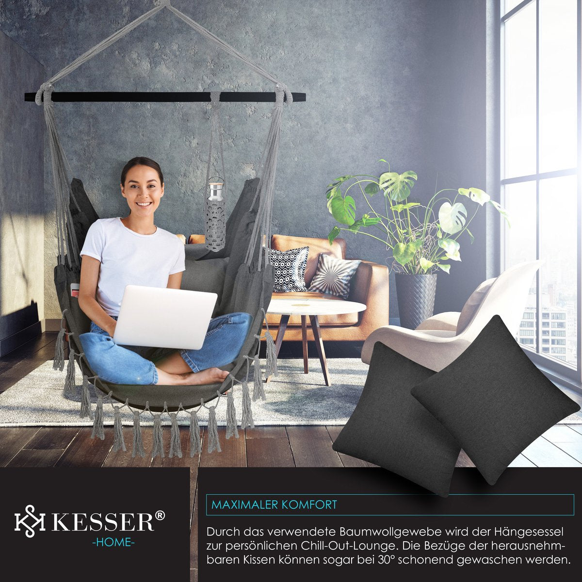 KESSER® XXL Hangstoel - 2 Kussens - Tot 150 kg - Antraciet •