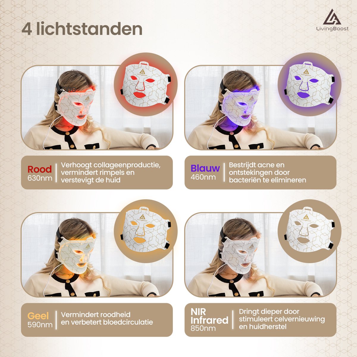 LivingBoost® Led Gezichtsmasker - Led Masker - Infraroodlamp - Rood Licht Therapie - Collageen Masker - Infraroodtherapie - Red Light Therapy - Huidverzorging - Led Face Mask
