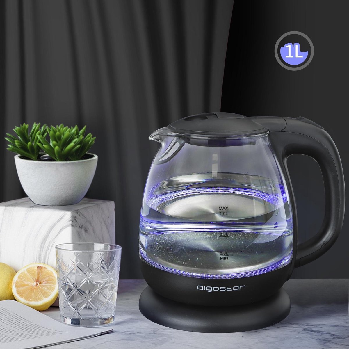Taylor Swoden Glazen Waterkoker - 1L - 2200W - LED - Zwart