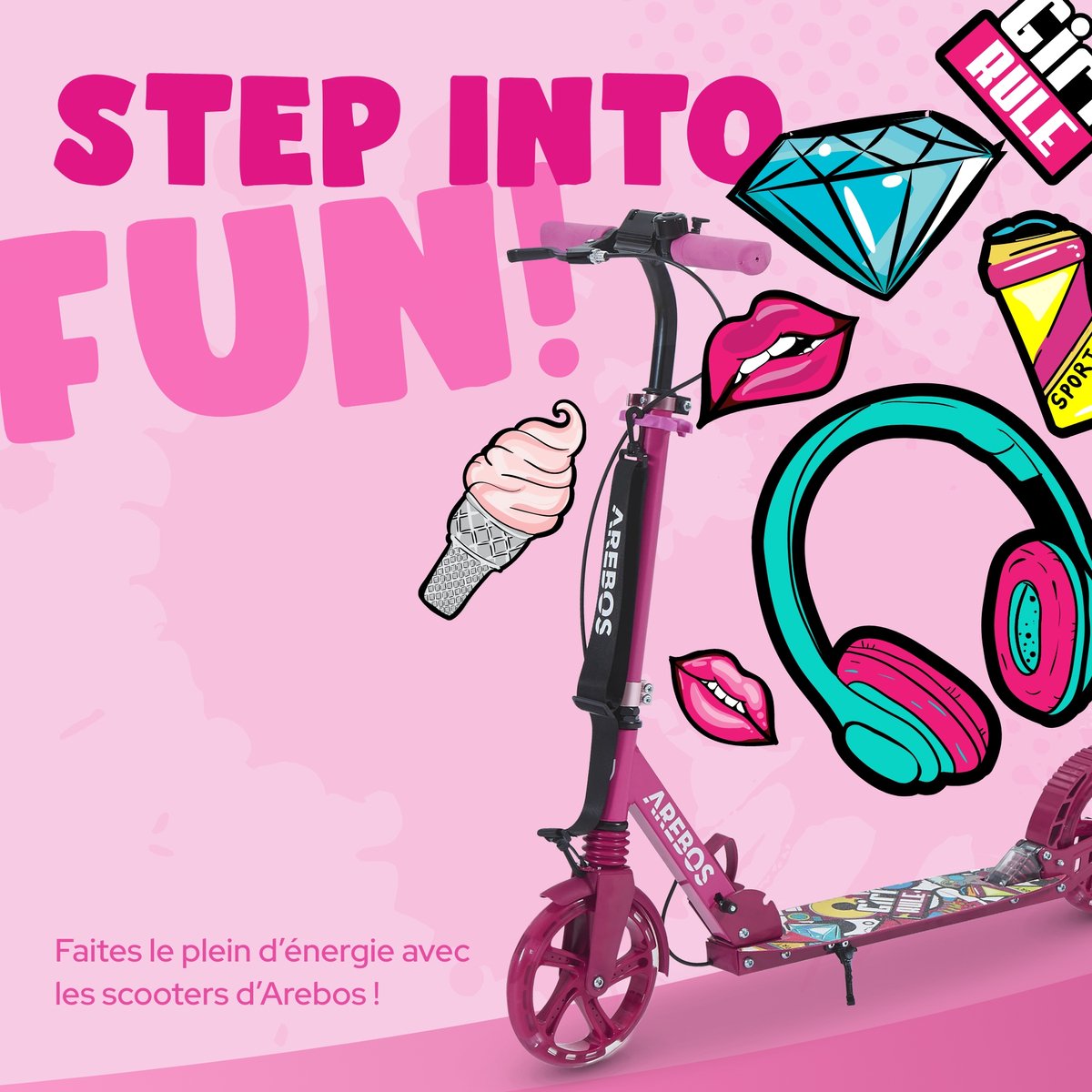 Kinderstep - LED Wielen - Verstelbaar - Vouwbaar - Roze - Arebos