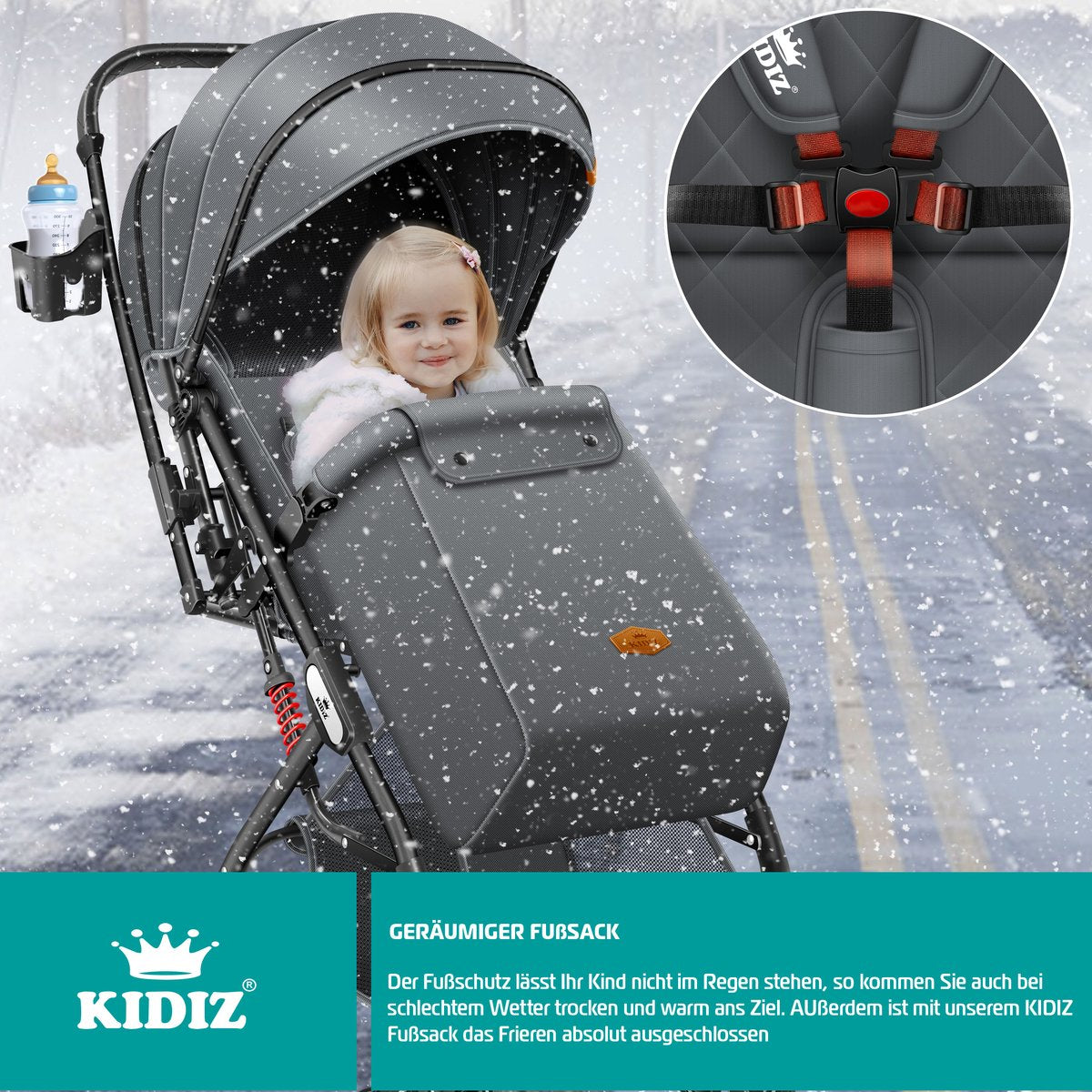 KIDIZ® Buggy 3 in 1 Kinderwagen Inklapbaar met voetenzak Baby Plooibuggy Wandelwagen inclusief Bekerhouder, regenhoes & klamboe Reisbuggy - Antraciet / Zwart
