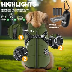 LOVPET® Hondenjas Hondenvacht met Harnas Waterafstotend, incl. 45 Stuks Poepzak + Dispenser, Winter Vest Hond Waterdicht Gevoerd, Gewatteerd Vest Met Borstband, Reflectoren, D-Ring - Khaki / XXL