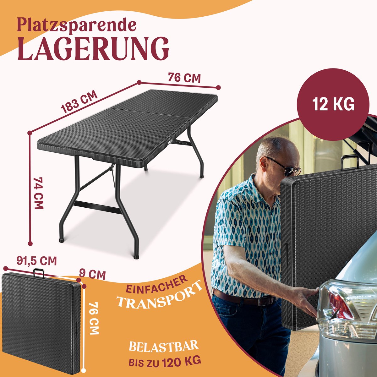KESSER® Inklapbare Tafel 180x75x73cm Vouwtafel Kunststof - Campingtafel Klaptafel Geschikt voor 8 Personen voor Tuin, Terras en Balkon inclusief Draaggreep - Antraciet