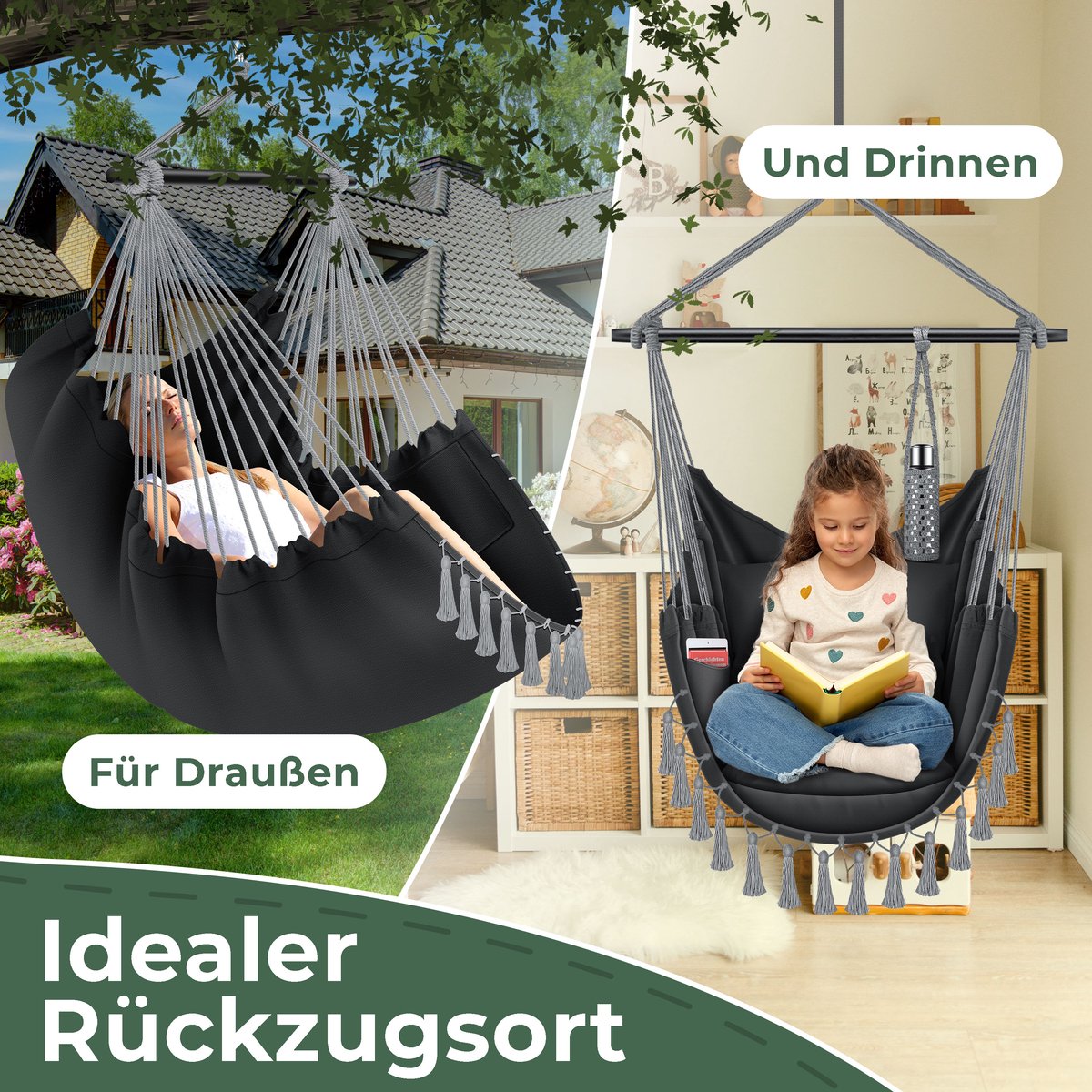 KESSER® XXL Hangstoel - 2 Kussens - Tot 150 kg - Antraciet •