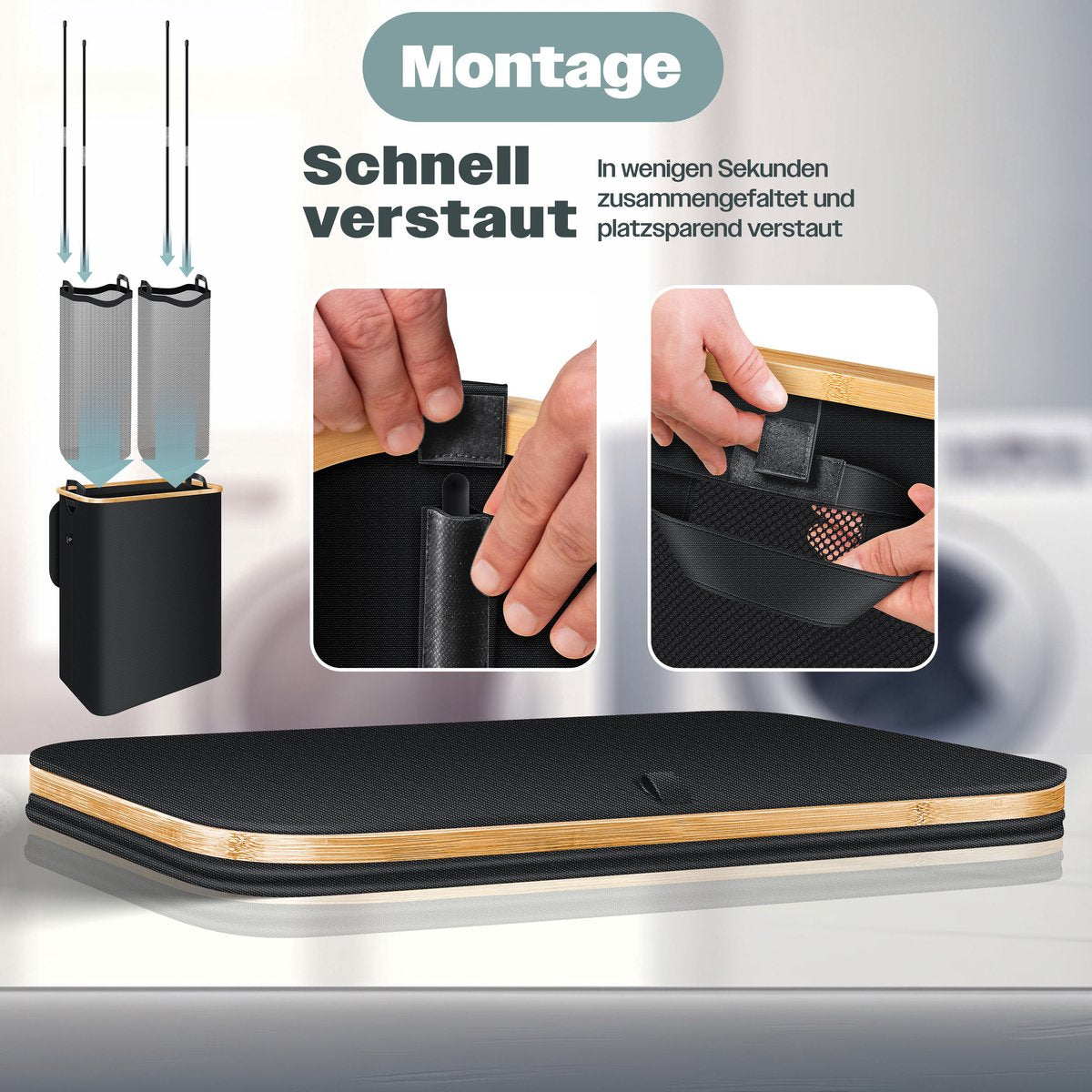 KESSER® Wasmand met Deksel - Opvouwbare Wasbox - Wassorteerder met Uitneembare 3x Waszakken inclusief wasinstructies - Zwart, 140 liter