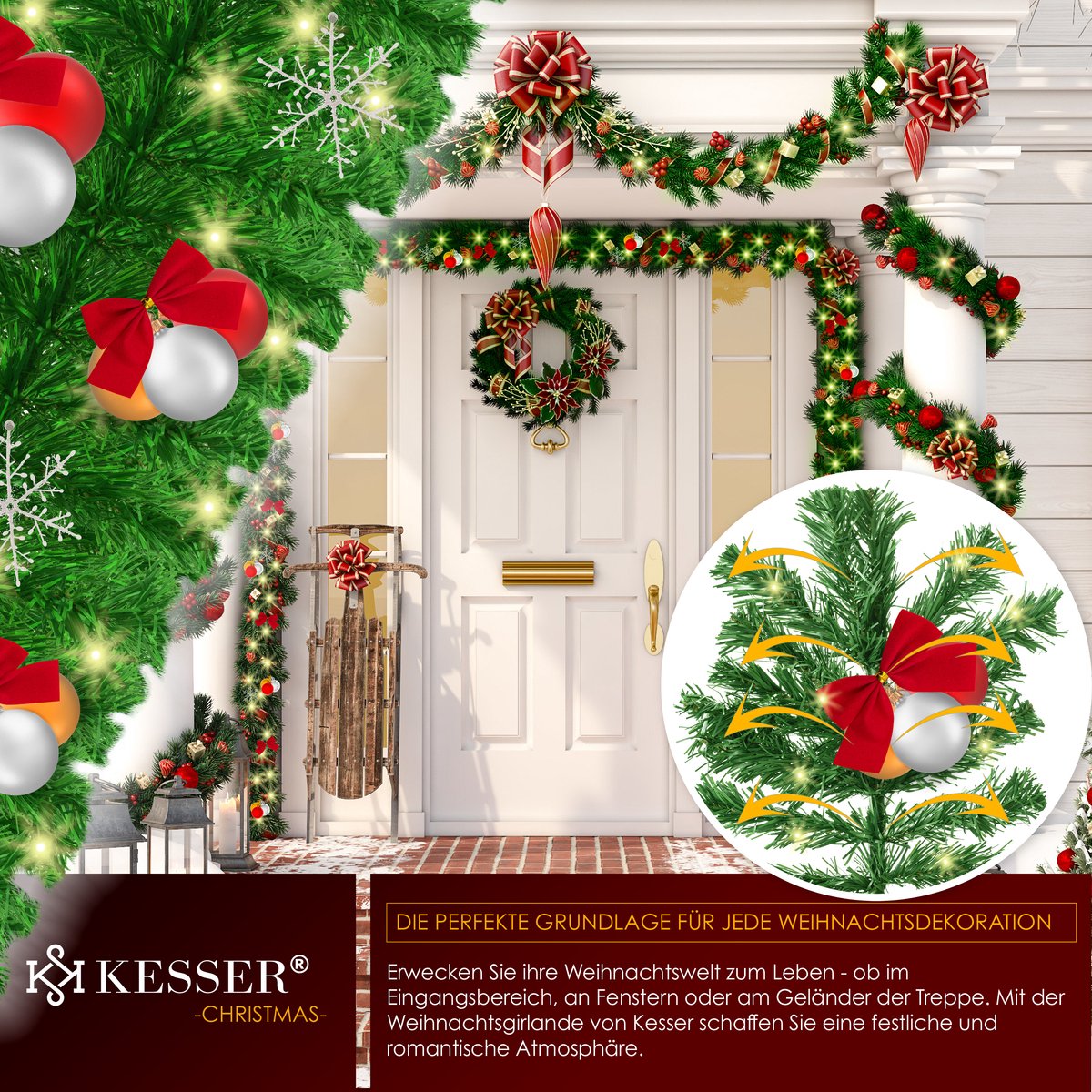KESSER® Kerstslinger | Guirlande met 100 LED's warmwit Lampjes - Kerstversiering, Kerstguirlande LED verlichting voor Kerstboom en Binnen & Buiten, Kerstverlichting Slinger voor Kerstmis - Groen, 5M / 100 LEDs met afstandsbediening