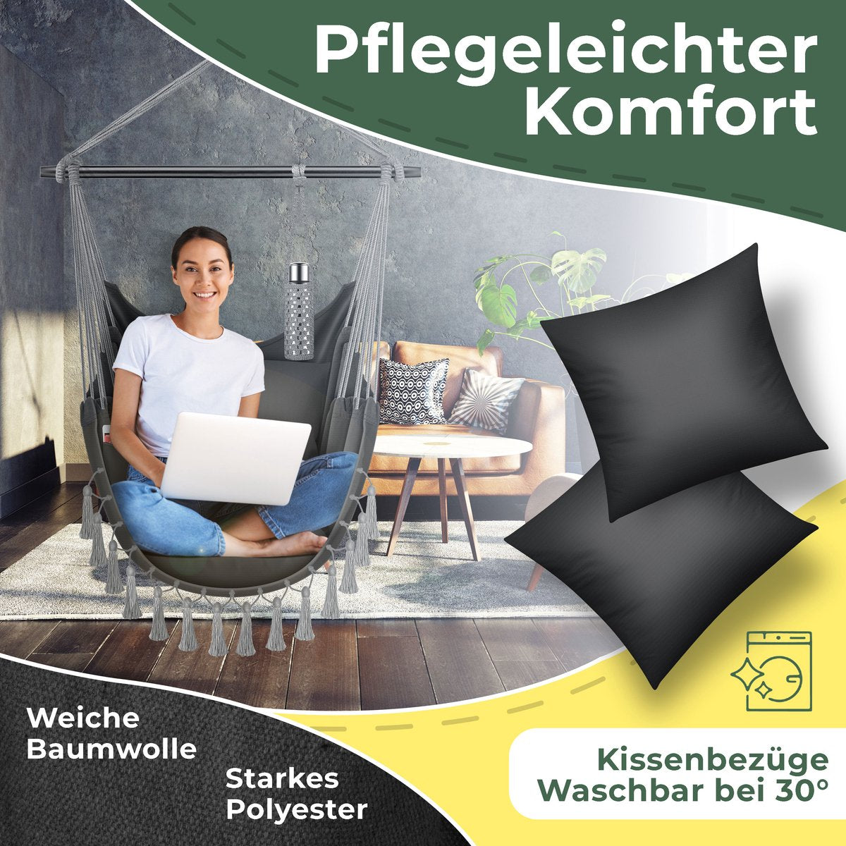 KESSER® XXL Hangstoel - 2 Kussens - Tot 150 kg - Antraciet •