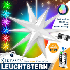 KESSER® LED Kerst Ster 3D, LED Verlichting met Timer, Kerstster Lampjes voor Binnen en Buiten, Kerstverlichting Advent Ster Verlichte Hangend, Warm Wit Licht - Kleurrijk / 45 cm, met afstandsbediening