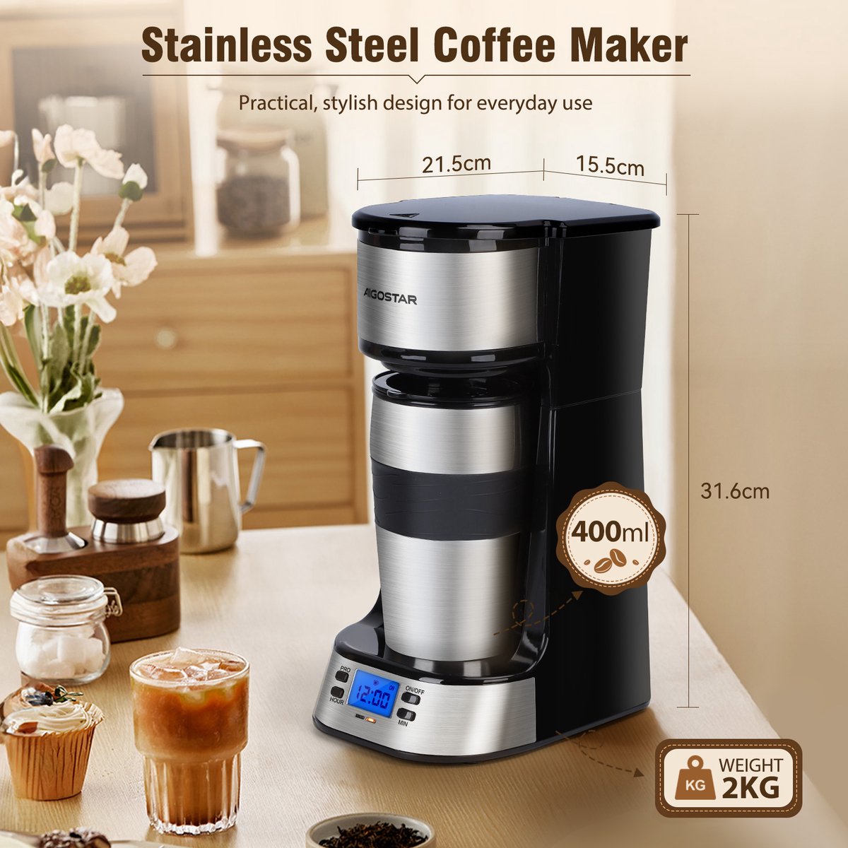 Aigostar Koffiezetapparaat - Filterkoffie - 750W - RVS/Zwart •