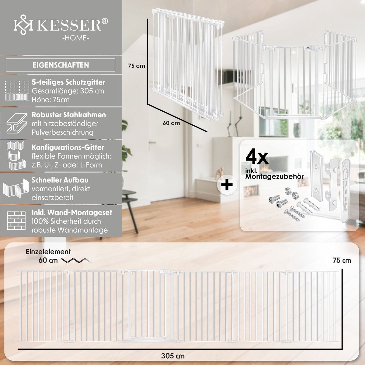 KESSER® Veiligheidshekje voor Kinderen - Openhaard hek - Beschermrooster met Deur Metalen Kachelbeschermer Box Crash Barrier Dierenhek Deurbeschermer voor Kinderveiligheid - Wit - 300 cm lengte