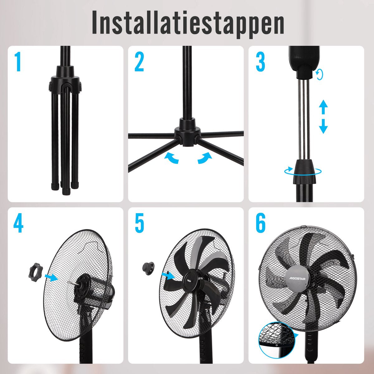 Aigostar Statiefventilator - Ventilator Staand - Verstelbaar - 50W - Zwart •