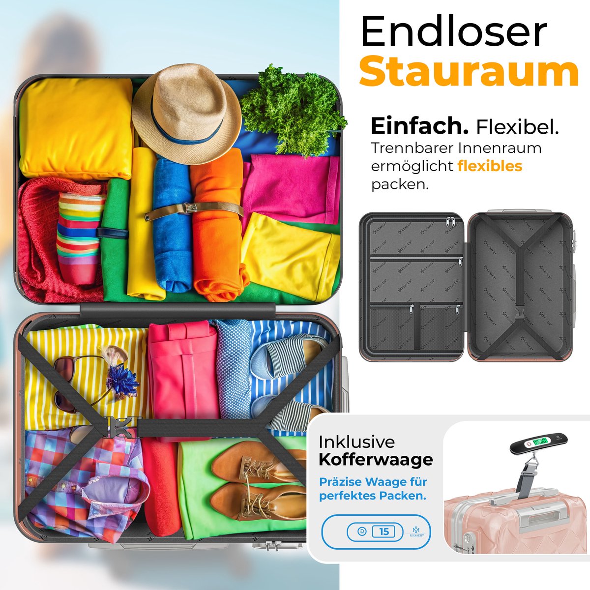 KESSER® Kofferset 3-delig | Reiskoffer met Wielen inclusief Paspoorthouder & kofferweegschaal & bagagelabel | Trolley Reiskofferset met groote Koffers & Handbagage / Ruimbagage - Nude Grey