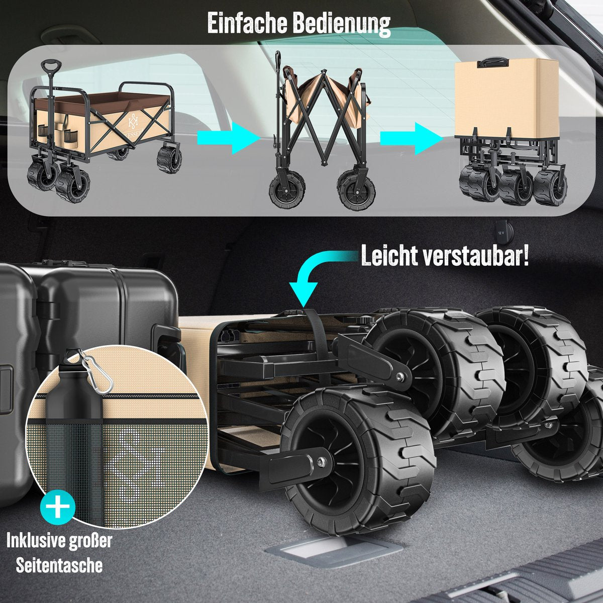 KESSER® Bolderkar opvouwbaar Bolderwagen tot 120 kg draagvermogen - Strandkar Transportkar - Beige