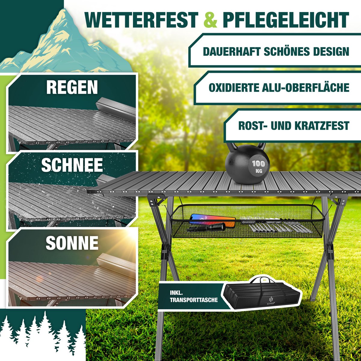 KESSER® Campingtafel Opvouwbaar - Verstelbaar - 145x70 cm - Antraciet •