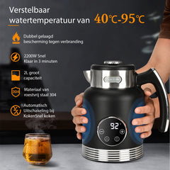 Waterkoker met temperatuurregeling - Retro - met LED - 2L - 2200W - Zwart